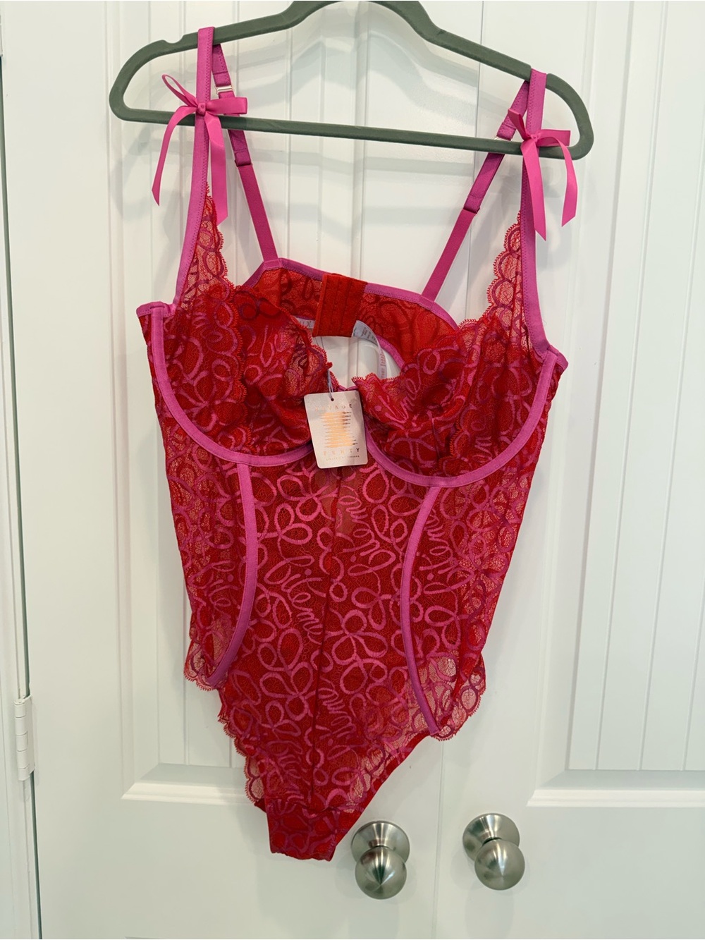 Savage X Fenty Red Lace Bodysuit with Pink Trim